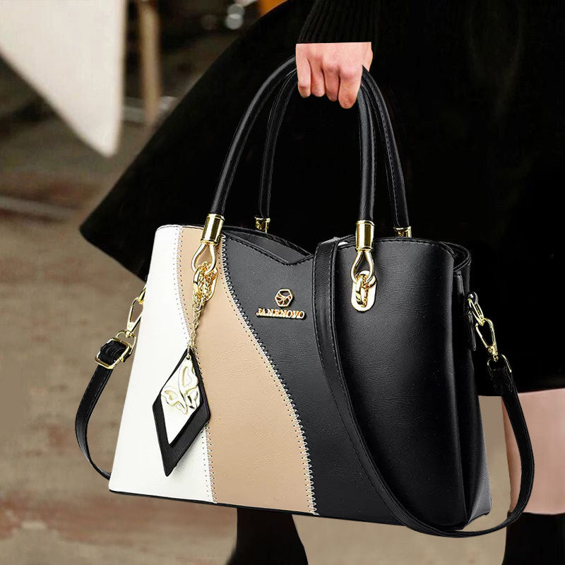 Hong Kong Genuine Leather 2025 New Color-Blocking Handbag