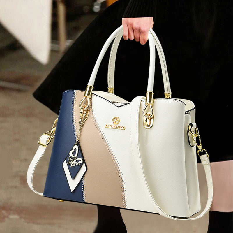 Hong Kong Genuine Leather 2025 New Color-Blocking Handbag