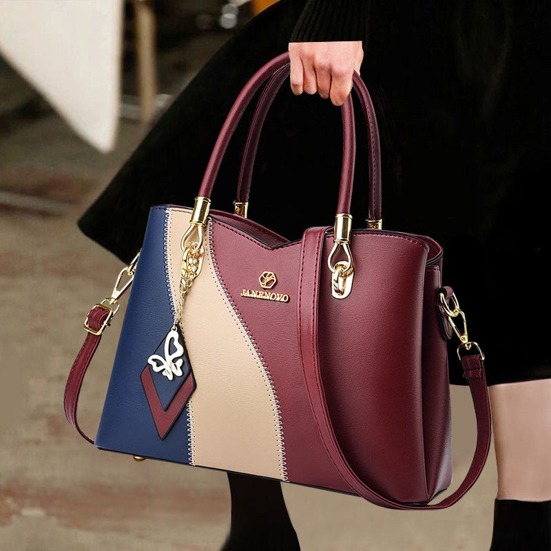 Hong Kong Genuine Leather 2025 New Color-Blocking Handbag