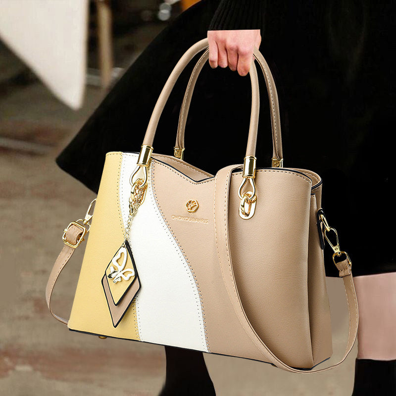 Hong Kong Genuine Leather 2025 New Color-Blocking Handbag