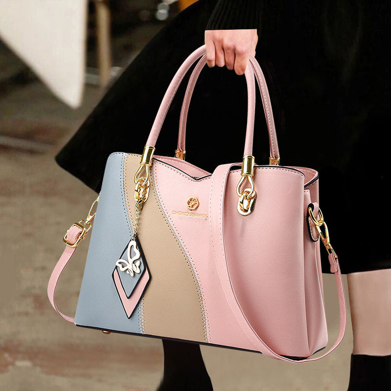 Hong Kong Genuine Leather 2025 New Color-Blocking Handbag