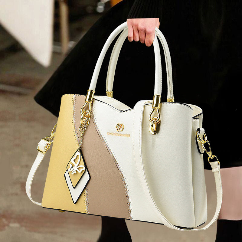 Hong Kong Genuine Leather 2025 New Color-Blocking Handbag