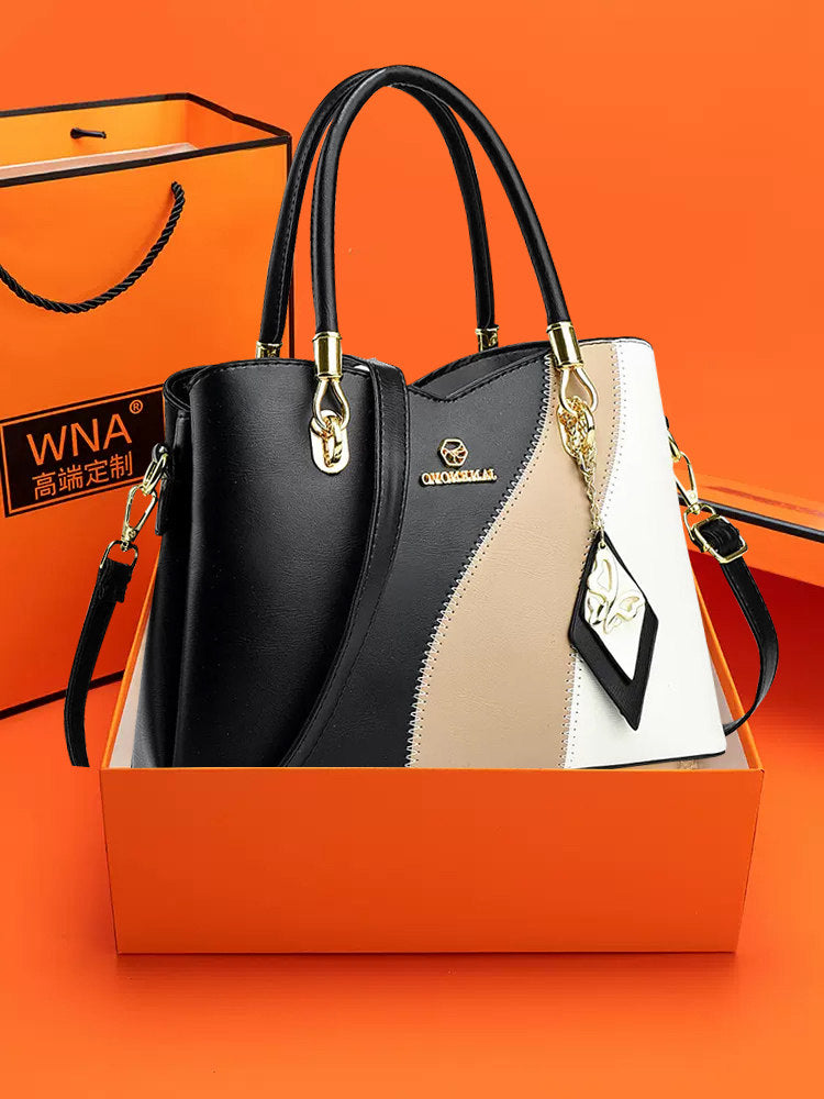 Hong Kong Genuine Leather 2025 New Color-Blocking Handbag