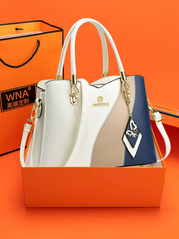 Hong Kong Genuine Leather 2025 New Color-Blocking Handbag