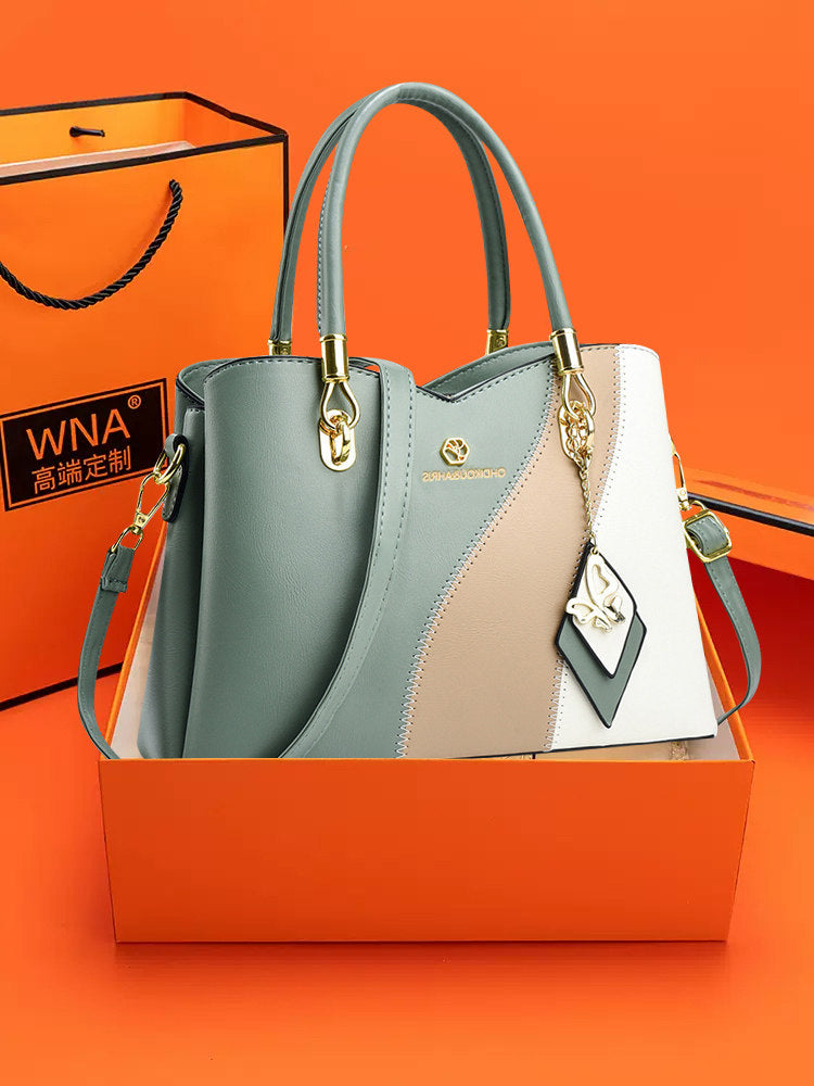 Hong Kong Genuine Leather 2025 New Color-Blocking Handbag