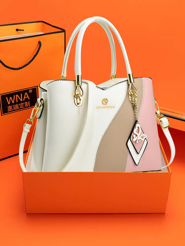 Hong Kong Genuine Leather 2025 New Color-Blocking Handbag