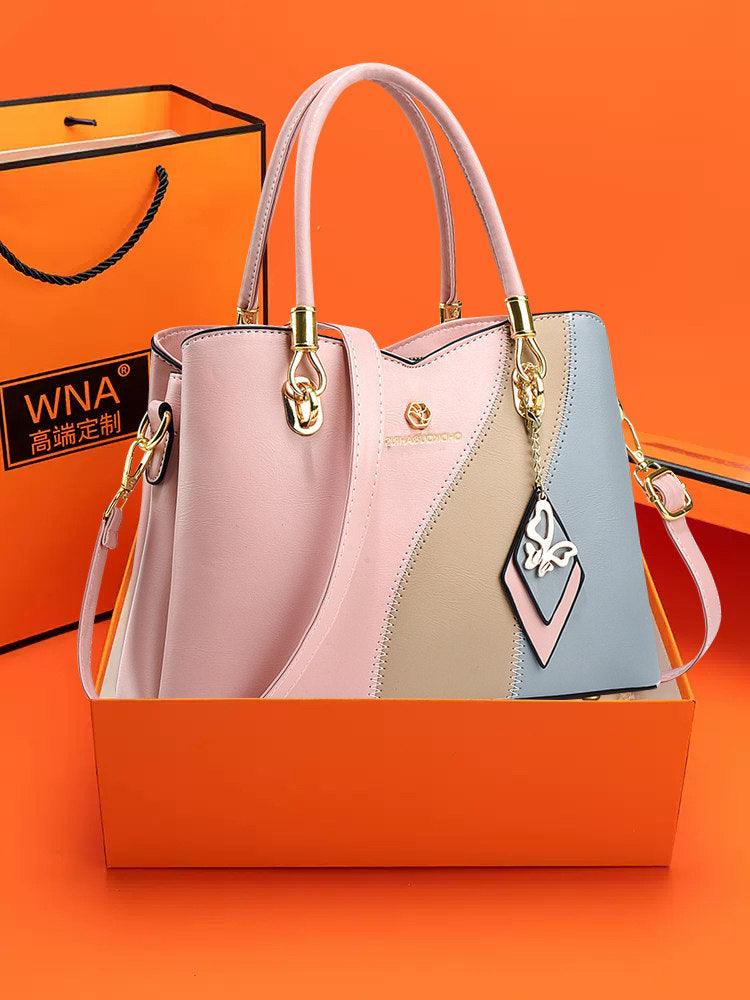 Hong Kong Genuine Leather 2025 New Color-Blocking Handbag