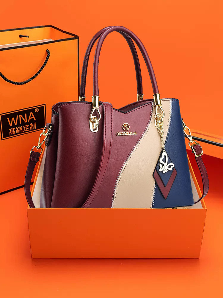 Hong Kong Genuine Leather 2025 New Color-Blocking Handbag